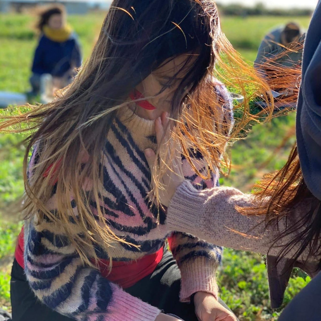 Canalizaciones - Conciencia de corazón Mujer con cabello largo y suelto, sentada en un campo, con suéter a rayas y viento.
